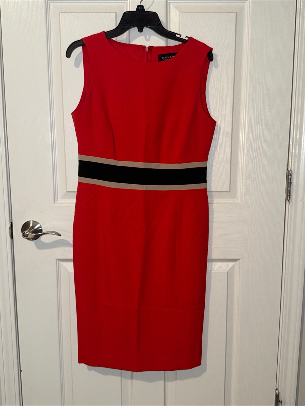 Black Label Red Sheath Midi Dress with Black and Tan Waistband